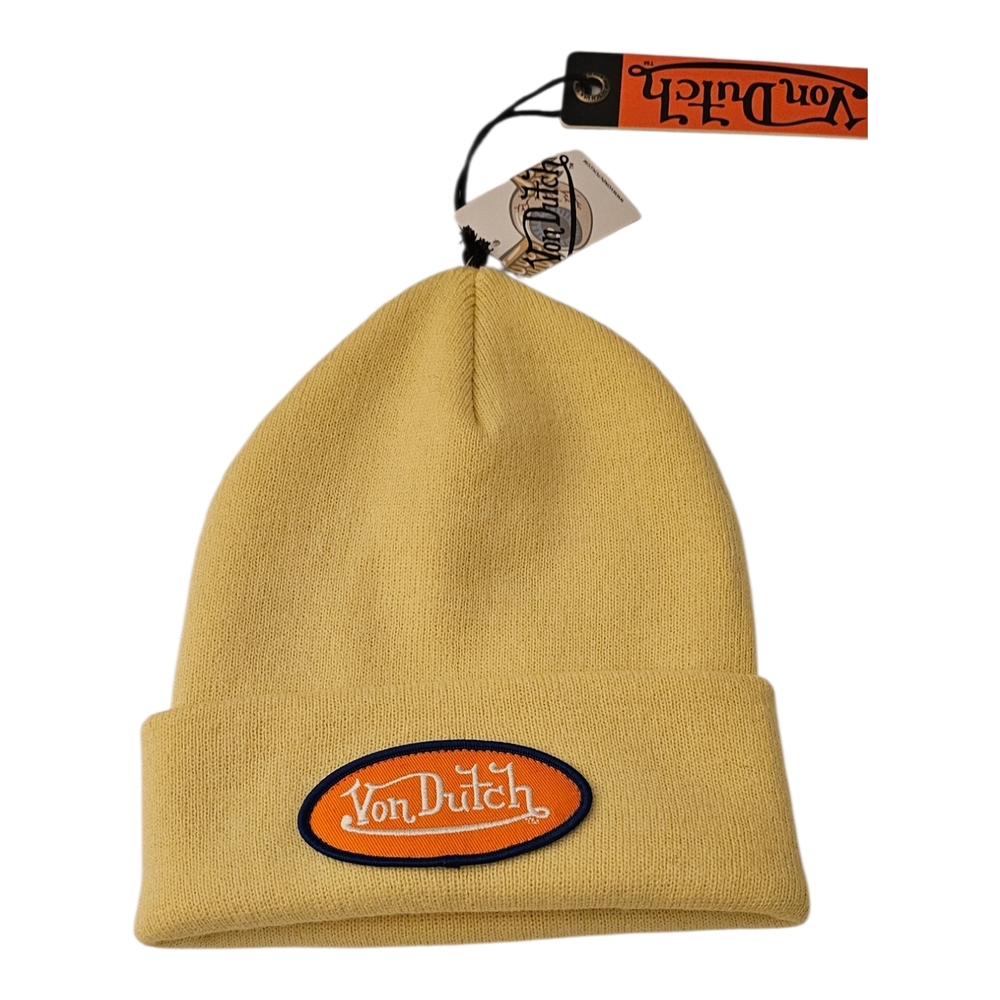 NWT Von Dutch Yellow Knit Beanie Orange Patch Logo OS